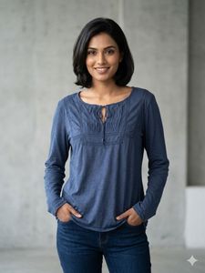 Blue Pleated Neckline Long Sleeve Top
