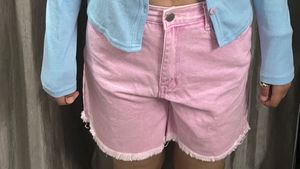 Pink Denim Frayed Shorts