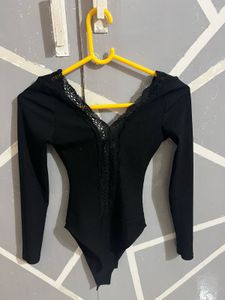Chic Black Lace Trim Bodysuit