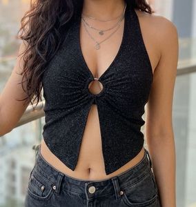 Sparkly Black Halter Neck Crop Top