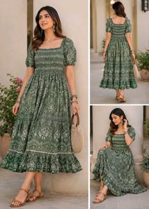 Green Smocked Print Maxi Dress