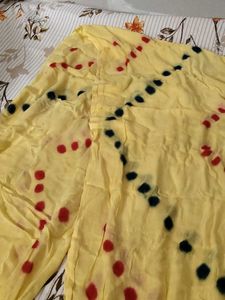 Yellow Bandhani Dupatta with Red &amp; Green Dots