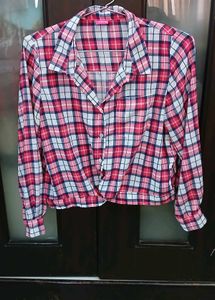 Pink Plaid Tie-Front Shirt - L Size - NEW
