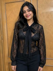 H&M Black Tie-Neck Lace Blouse
