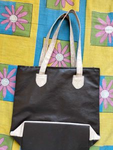 Brown Tote Bag with Beige Straps
