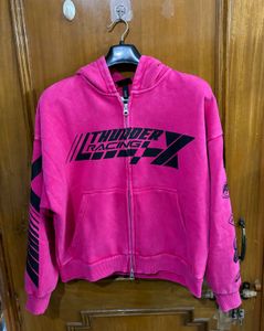 H&M Racing Pink Graphic Print Zipper Hoodie