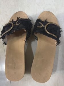 Black Fringe Embellished Slides