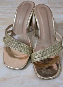 Golden Block Heels with Sparkle Straps