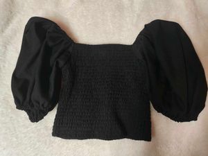 Black Smocked Puff Sleeve Top
