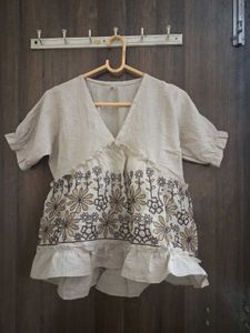 Brown and beige Floral Embroidered Tunic Top