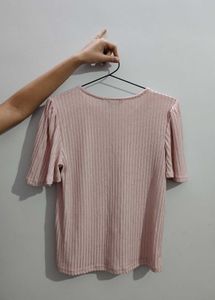 Fig Ribbed Pink Top With Wide Half Sleeves