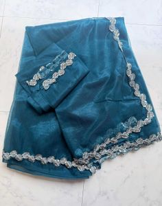 Teal Organza Saree with Sequence border Unused