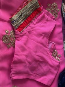 Bubblegum Pink Saree Heavy work &amp; Red velvet borde
