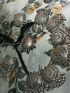 Oxidized Silver Lotus Necklace &amp; Earrings Set with