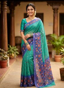 Beautiful Printed Teal Saree 2