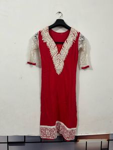 Red Embroidered Kurta with Lace Sleeves