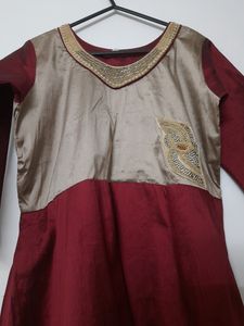 Tafetta Silk Long Kurti Gown Maroon Gold Wedding