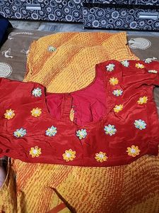 SATYAPUAL Orange Saree With Beaded Flowe