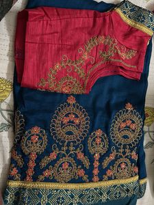 Embroidered Teal Saree with Pink Blouse