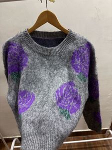Grey &amp; Purple Floral Rose Print Jumper