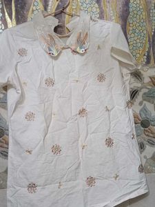 Embroidered Bird Collar White Top