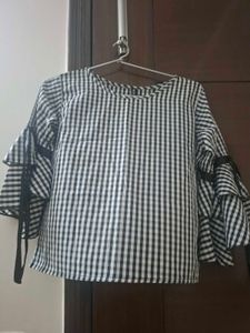 Gingham Bell Sleeve Top with Ribbon Ties