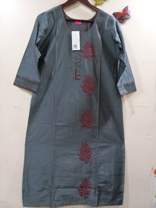 New Grey Mahroon Kurti Churidar Dupatta Set