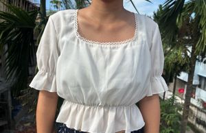 White Ruffled Square Neck Top