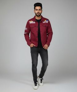 Burgundy Graphic Print Denim Jacket