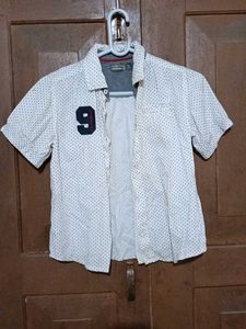 Men's White Short Sleeve Shirt with Navy Print