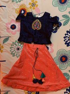 Girl's Pink Blue Lahenga 5-7 years without chunri