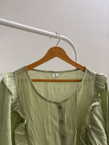 Light Green Tie-Front Ruffle Korean Top