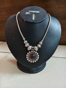 boho Silver Necklace with Purple Stone