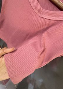 Pink Ribbed V-Neck Crop Top