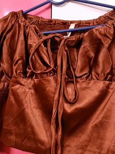Chic Brown Satin Tie-Front Crop Top