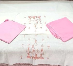 3 piece cotton embroidery pink&amp;white suit(unstitcd