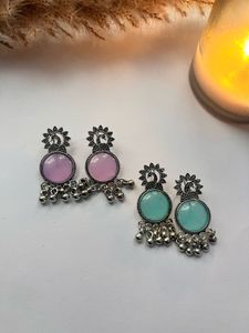 Peacock Design Earrings - Pink &amp; Teal