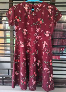 Burgundy Floral Print A-Line Dress
