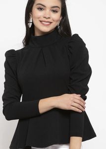 Chic Black Puff Sleeve Turtleneck Top