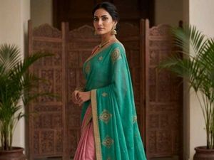 Beautiful Teal and Pink Embroidered Saree