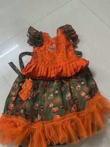 Girls Orange &amp; Green Lantern Print Skirt Set