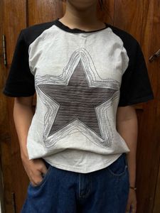 Grey Star Print Raglan T-Shirt