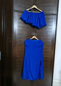And Blue One Shoulder Waterfall Skirt Co-ord Set