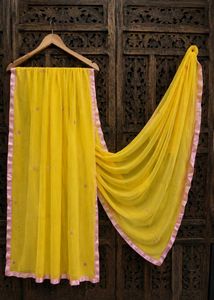 Vibrant Yellow Dupatta with Pink Border and flower