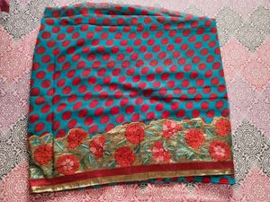 Beautiful Teal Saree with Red Polka Dots
