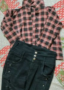 Women's Plaid Shirt & Distressed Jeans Set