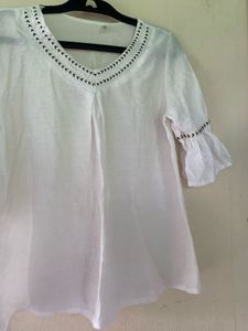 White Embroidered V-Neck Top