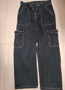 Black Denim Cargo Jeans with White Stitching