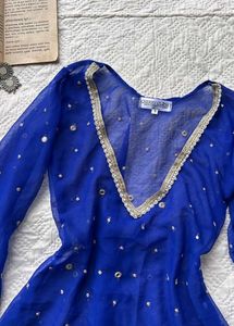 Blue sequined Kurta with White Blouse