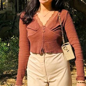 Brown Ribbed Knit Top